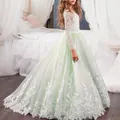 Mädchen Hochzeitskleid mit Spitze Langarm und Lagenrock aus mintgrünem Tüll - Hellgrün / 8-9 Jahre
