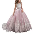 Pink and white lace princess flower girl dress with sequins and multi-layer tulle skirt - 8-9 Years / Bottoms / Pink