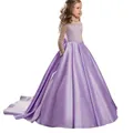 Elegante abito viola da bambina con corpetto di paillettes e lungo strascico in raso - Viola