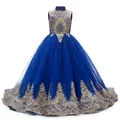 Detail of royal blue flower girl dress with gold embroidery and multilayered tulle skirt - 8-9 Years / Sapphire Blue