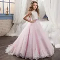 Lace flower girl dress in pink with embroidered tulle skirt and purple waist bow - US4 / Pink
