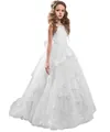 Elegant sleeveless white lace flower girl dress with layered tulle and butterfly accents - 4-5 / Beige