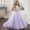White lace and purple tulle floor-length flower girl dress with bow and embroidery - US4 / Purple
