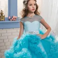 Blue-green layered tulle princess dress with satin bodice and gemstone waist belt - Blue / 8-9 Years