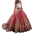 White lace and red tulle girls princess dress with gold floral embroidery detailing - 8-9 Years / Bottoms / Burgundy