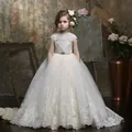 Lace embroidery flower girl dress with sparkly rhinestone belt and layered tulle skirt - 4-5 / Ivory