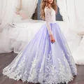 Robe fille en dentelle blanche à manches longues avec tulle lavande et un noeud - Bleu saphir / 8-9 ans
