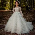 Elegant white lace flower girl dress with long sleeves and tiered tulle trail skirt - 2-3 / Long Sleeve