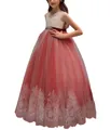 Red and white sleeveless lace flower girl dress with floral waist and tulle tutu skirt - 4-5 / Top And Bottom / Burgundy