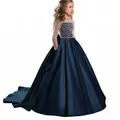 Abito da cerimonia per bambine in raso blu navy con maniche a rete e fiocco - Blu navy