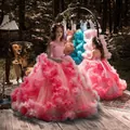Pink princess flower girl dress with layered tulle skirt and lace sequins in a forest - Watermelon red / 8-9 Years