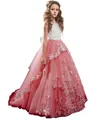 Pink tulle girls princess gown with floral lace bodice and oversized back bow detail - Burgundy