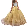 Sleeveless girls party gown in white and gold with lace embroidery and sequins - Gold