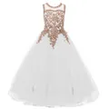 White sleeveless princess girl dress with golden floral embroidery and layered tulle - 8-9 Years / Bottoms / White