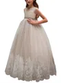 Champagne sleeveless lace princess dress with tulle skirt and floral embroidery for girls - 4-5 / Top And Bottom / Champagne