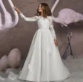White lace long-sleeved flower girl dress with layered tulle skirt and pearl belt - 8-9 Years / Off-White