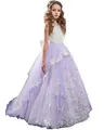 White lace and lavender tulle flower girl dress with 3D floral appliques and pearls - Purple