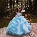 Light blue girls princess gown with layered tulle skirt and sparkling rhinestone belt - Blue / 8-9 Years
