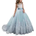 Blue tulle girls' princess dress with intricate white lace embroidery and satin belt - Light Blue