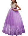 Vestido de fiesta para niña de encaje blanco y tul morado con cinturón de pedrería - Púrpura profundo