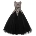 Black sleeveless girls princess gown with floral embroidery and tiered tulle skirt - 8-9 Years / Bottoms / Black