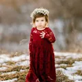 Detailed close-up of dark red floral lace embroidery on long-sleeved girls' party dress - Bottoms / Burgundy / 8-9 Years