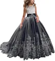 Girl's princess dress with white lace bodice and dark grey mesh tutu trailing skirt - Black