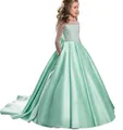 Abito elegante da damigella verde menta in pizzo e raso con paillettes e strascico - Verde menta