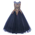 Dark blue girls princess dress with gold lace appliques and multi-layer tulle skirt - 8-9 Years / Bottoms / Navy Blue