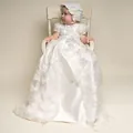 Detailed embroidery and lace texture on long ivory baby christening gown with matching bonnet - 6m / Beige