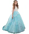Blue and white sleeveless lace flower girl dress with tulle skirt and butterfly appliques - Blue