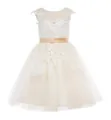 Girl's white lace princess dress with multilayered tulle skirt and gold satin belt - 100cm / Champagne