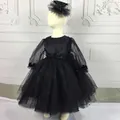 Elegant black tulle flower girl dress with long sleeves and pearls for party occasions - 100 / Black