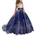 Blue lace and mesh ball gown for girls with silver floral embroidery and white bodice - Navy Blue