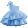 Light blue one-shoulder girls tutu dress with large bow and layered cake skirt - 4-5 / Blue