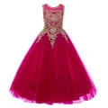 Abito da principessa senza maniche per bambina magenta con ricami dorati e gonna in tulle - Rosso rosa
