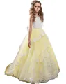 White and yellow flower girl dress with lace embroidery and 3D butterfly details - Light Yellow