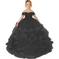 Elegant girls off-shoulder black lace ball gown with sequined bodice and puffy tulle skirt - 2-3 / Black