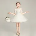 Close-up of elegant white tulle flower girl dress with 3D lace floral embroidery details - White Short Style / 110cm