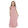 Pink lace and chiffon flower girl dress with flutter sleeves and waist bow for parties - 8-9 Years / Top And Bottom / Pink