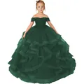 Dark green off-shoulder lace princess dress with multi-layer tulle ball gown for girls - 2-3 / Dark Green