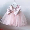 Elegant pink tulle girls princess dress with large satin bow and pearl details - 80cm / Pink