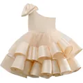 Elegant one-shoulder champagne flower girl dress with layered tulle and satin bow detail - 4-5 / Champagne