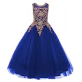 Abito da principessa senza maniche blu scuro per bambine con ricami dorati e gonna in tulle - Blu zaffiro