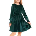 Detail view of dark green velvet long sleeve dress with elastic cuffs and waist - 8-9 Years / Dark Green