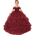 Dark red off-the-shoulder lace ball gown for girls with layered tulle skirt for parties - 4-5 / Burgundy