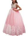 Vestido de niña de flores rosa y blanco sin mangas con encaje y cinturón de strass - Rosa Coral