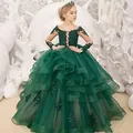 Dunkelgrünes Mädchen-Ballkleid mit langen Ärmeln, Spitze, Tüll und Pailletten-Stickerei - Dunkelgrün