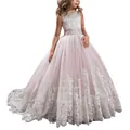 Pink tulle girl's party dress with white lace embroidery and satin ribbon belt - Light Pink