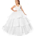 Detail of white flower girl dress showing intricate lace embroidery and layered tulle skirt - 2-3 / Tops / White